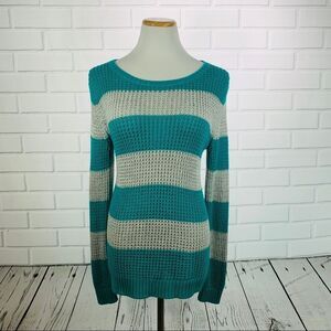 10/$25🦋 a.n.a Green & Gray Striped Knit Sweater - Size Medium